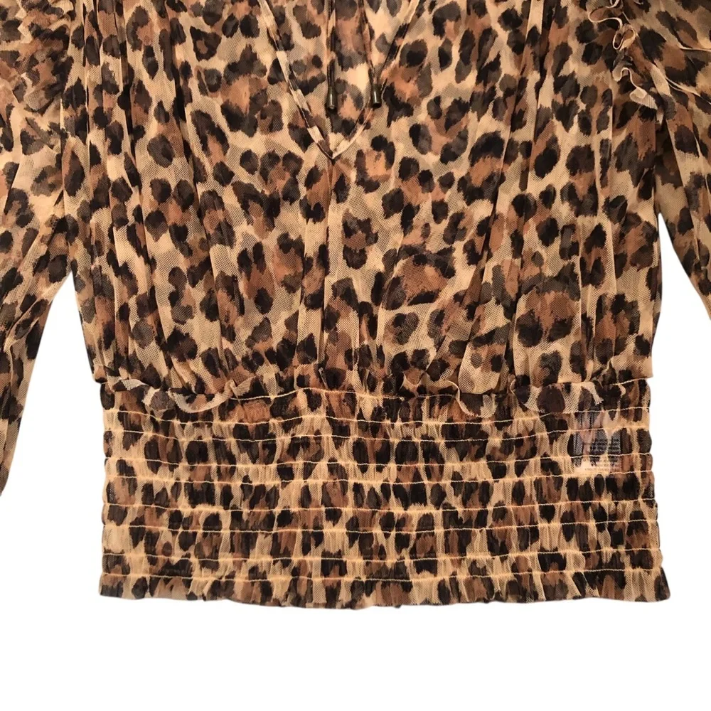 Free People Sheer Leopard Print Top with Ruffle Details Size S